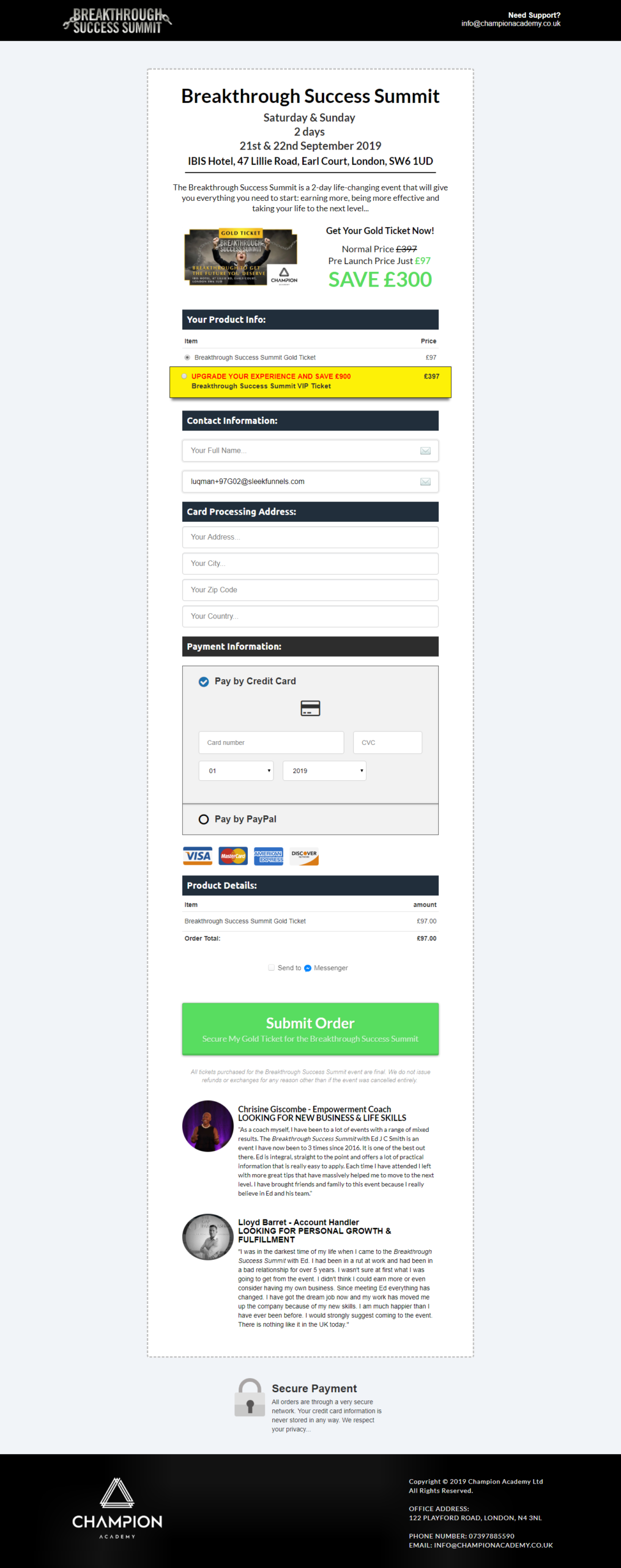Checkout / order page